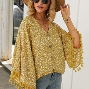 💛 Yellow Boho Tassel Top